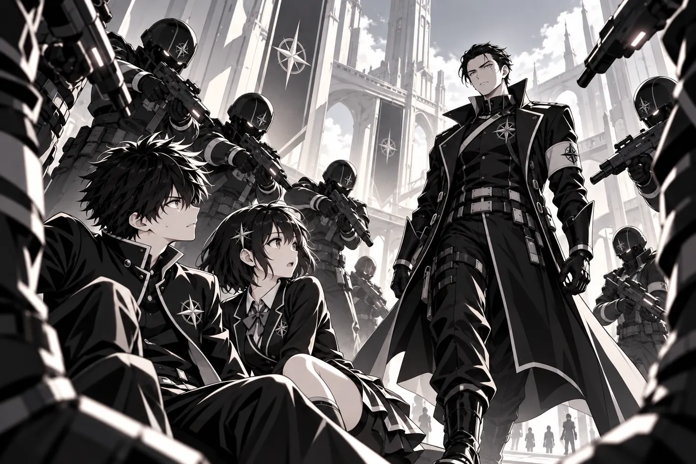 La T.A.X encercle Akio et Mina, armes pointées
